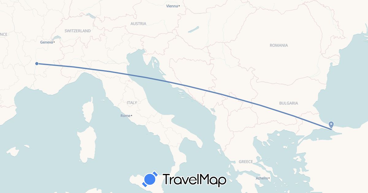 TravelMap itinerary: driving, cycling in France, Turkey (Asia, Europe)